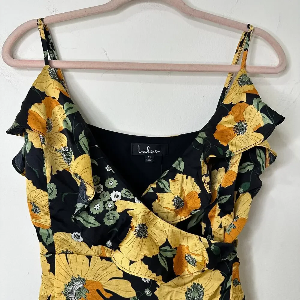 Md NWT Lulus Perfectly Curated Black Floral Wrap Dress Ruffle High-Low Maxi Fall - Picture 3 of 7